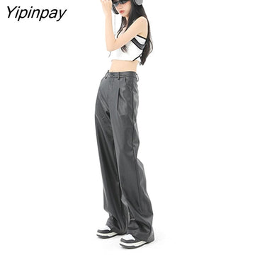 Yipinpay 2023 Spring Casual Straight Wide Leg Pants High Waisted Pu Leather Pants Ladies Solid Trousers